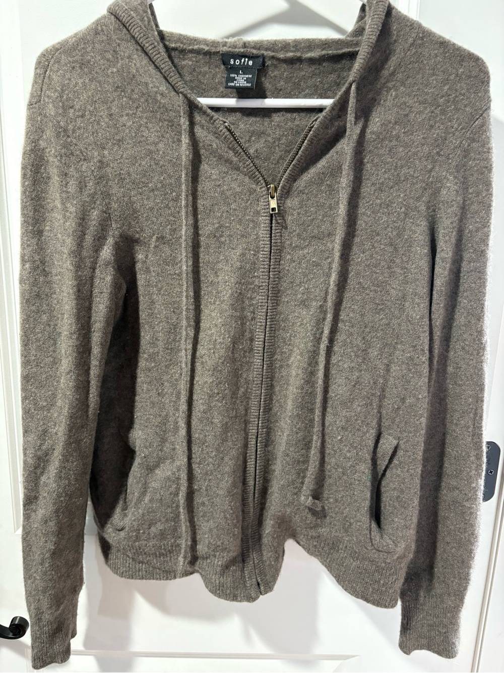 Sofie Zip-Front Hooded Cardigan in Taupe